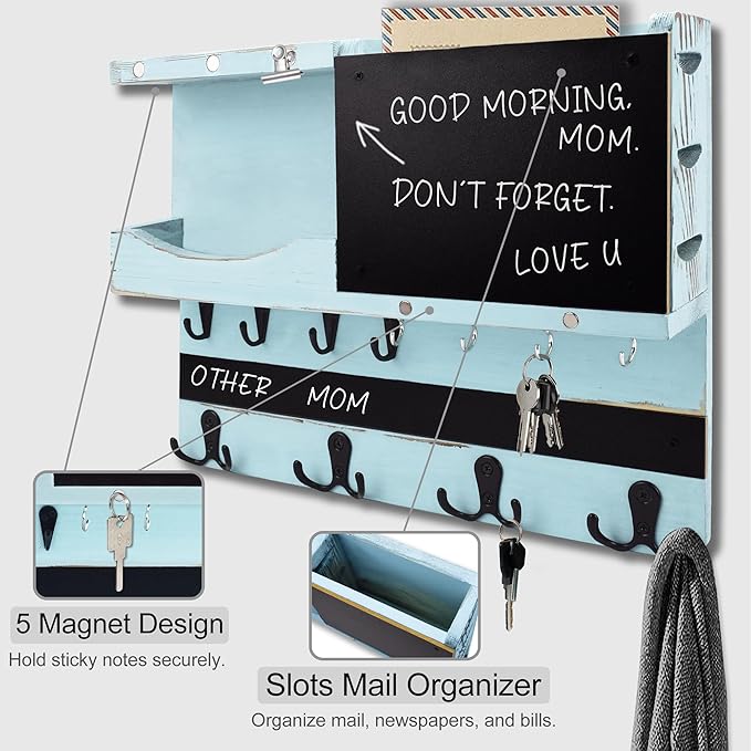 Key Holder for Wall Mount with Shelf and Mail Organizer, Key and Mail Holder with 16 Hooks, Farmhouse Entryway Organizer, Home Decor Rack(Pine Wood,Blue)