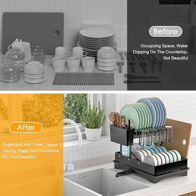 Large Dish Drying Rack 2 Tier for Kitchen Counter, Anti-Rust Metal Dish Rack with Lock & Lift System & Retractable Auto-Drain Spout, Escurridor de Platos with Cutting Board Holder, Black