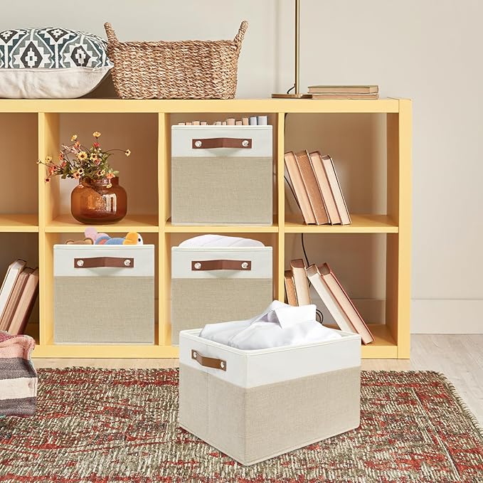 4 Pack Large Fabric Storage Baskets for Shelves , Closet Storage Bins for Shelves, Fabric Baskets for Organizing with Handles for Home organization and Storage (White with Beige,15"L*13"W*13"H)