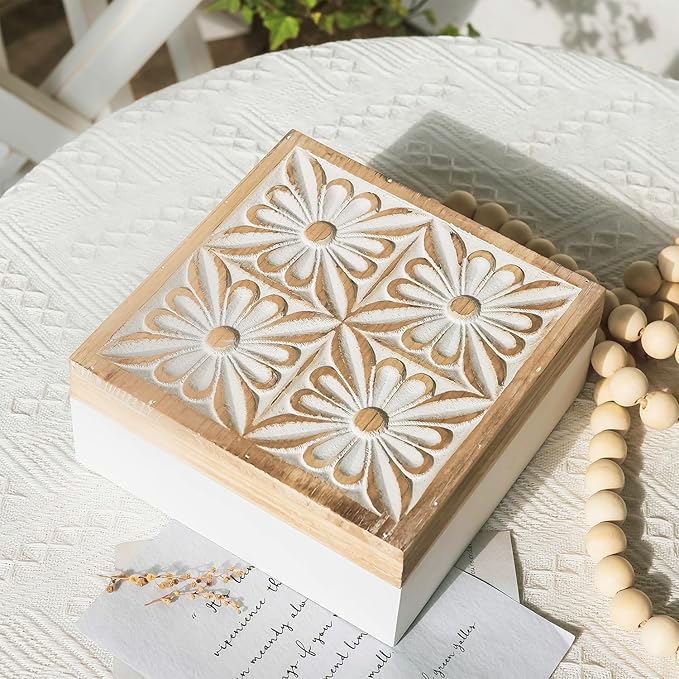 Small Decorative Box with Lid Wooden Keepsake Storage Box Carved Flower Handmade Jewelry Box Rustic Trinket Box Table Organizer - 7.1 x 7.1 x 3.2 Inches