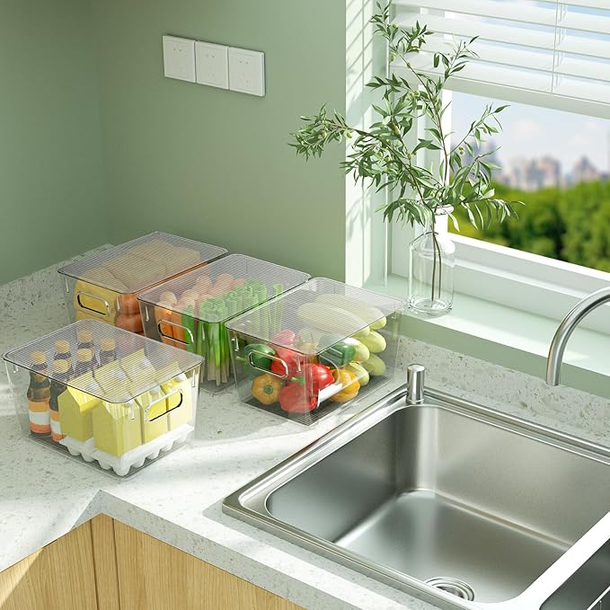 BALEINE Clear Stackable Storage Bins with Lids, Plastic Containers with Handle for Pantry Organizers and Storage, Plastic Bins for Fridge, Kitchen, Bathroom, Cabinet (11x7.5x6, 8PK)