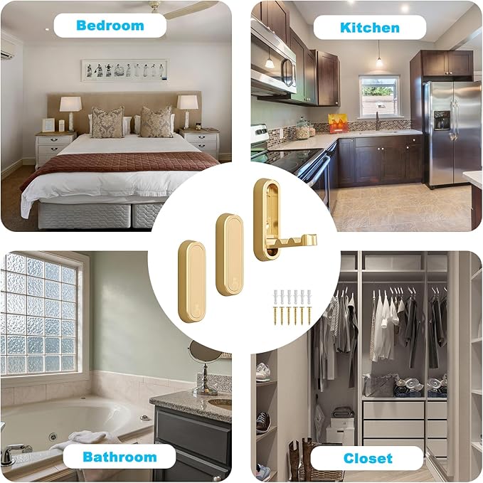 3 Pcs Folding Wall Hooks, Heavy Duty Metal Coat Hooks for Bedroom Closet, Bathroom Towel Hanger Wall Mounted Kitchen Hooks for Hanging Aprons, Brushes, Umbrellas, Keys, Hat, Bags (Gold)