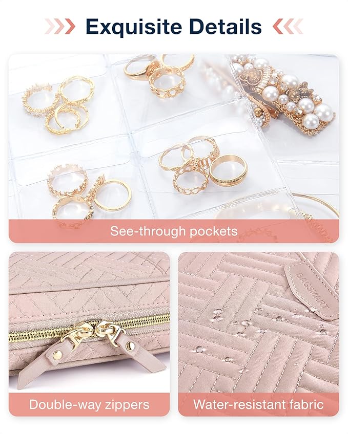 BAGSMART Large Jewelry Travel Organizer Case for Home Jewelry Organizer Storage Ring Binder Jewelry Bags Clear Jewelry Rolls Zipper Pouch Bag for Necklaces, Earrings, Rings, Bracelets, Pink