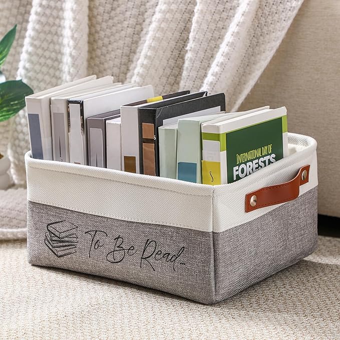Marsui Book Lover Gifts TBR Book Storage Basket to Be Read List Storage Bin Bookish Accessories Bookworm Gift for Club Members Student Teacher Reading Accessories (White and Gray,Tbr)