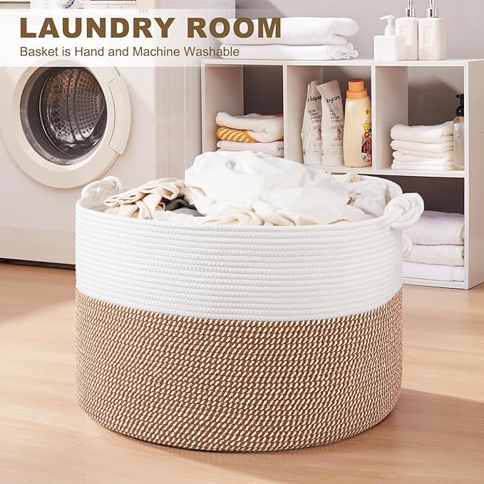 XXL Large Blanket Storage Basket for Living Room, 105L Woven Cotton Rope Basket with Handles, Baby Toy Storage, Laundry Hamper for Clothes, Pillows, Towels-Yellow and White