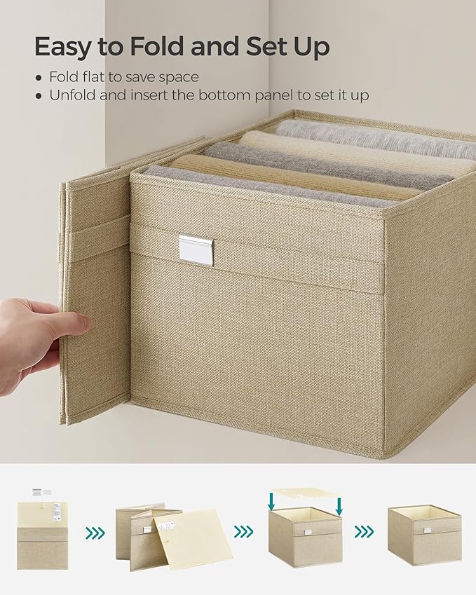 SONGMICS Storage Baskets, Set of 2 Storage Bins, 15.7 x 11.8 x 9.8 Inches, 2 Handles, Oxford Fabric and Linen-Look Fabric, Easy to Clean, Foldable, Metal Label Holders, Summer Sand UROB240Y02