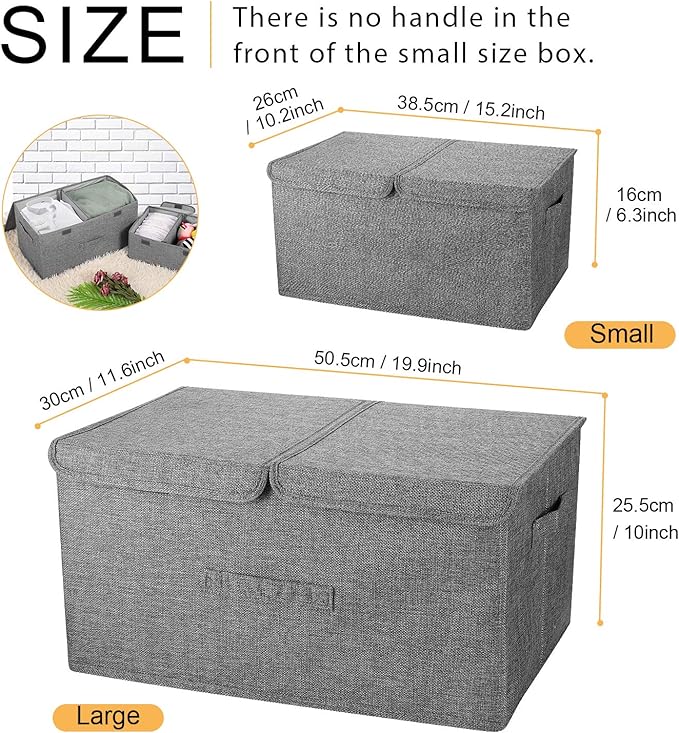 2 Pack Storage Boxes with Lids and Handles, Collapsible Linen Storage Bins Organizer Containers Baskets Cube with Removable Divider for Home Bedroom Closet Office (Coffee, Small)