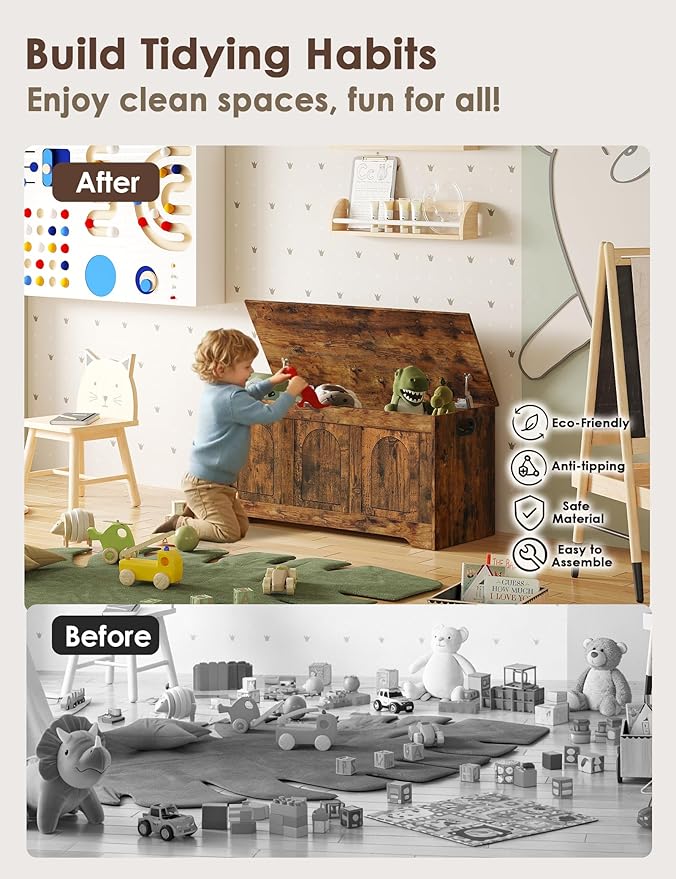 DINZI LVJ Storage Chest, 39.4â Wooden Toy Box with 2 Safety Hinges, Entryway Shoe Bench with Flip-Top, Sturdy Large Storage Trunk for Living Room, Bedroom, Playroom, Easy Assembly, Rustic Brown