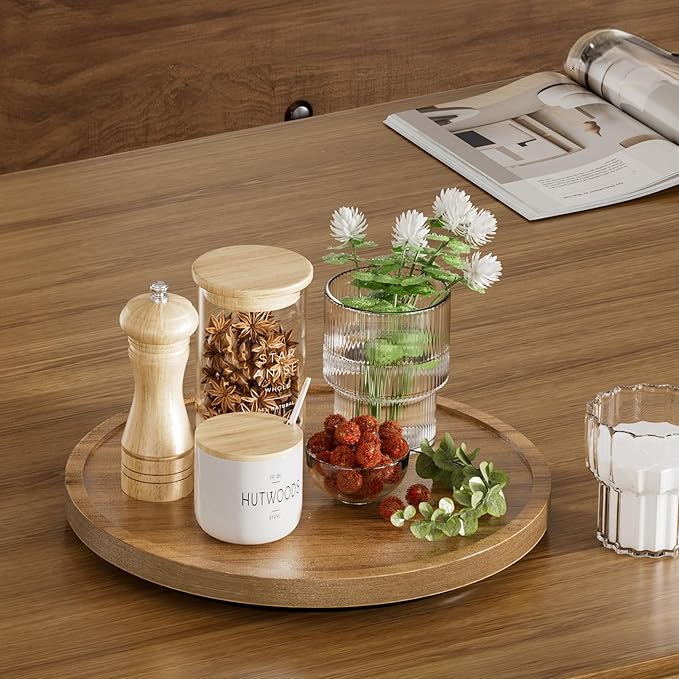 LAMU 11'' Acacia Wood Lazy Susan Organizer for Table Top, Lazy Susan Turntable for Cabinet, Kitchen, Countertop, Pantry Organization