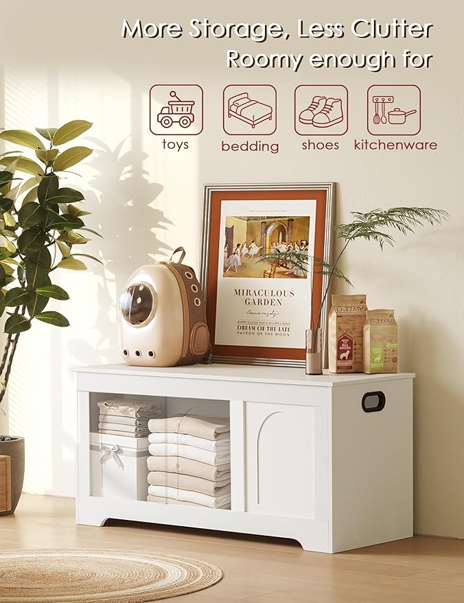 DINZI LVJ Storage Chest, 39.4â Wooden Toy Box with 2 Safety Hinges, Entryway Shoe Bench with Flip-Top, Sturdy Large Storage Trunk for Living Room, Bedroom, Playroom, Easy Assembly, White
