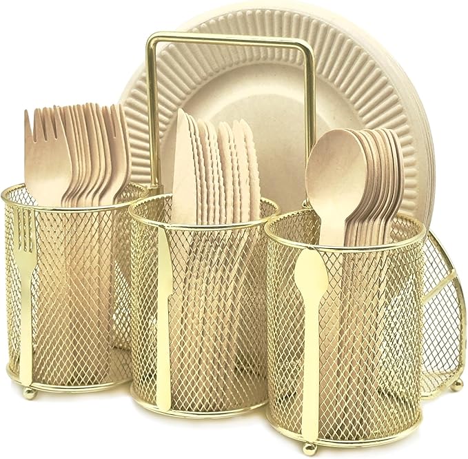 Utensil Caddy Silverware Holder - 4 Compartment Metal Mesh Cutlery Fork Spoon Napkin Plate Organizer Flatware Storage Basket Party Kitchen Countertop Buffet Picnic Camping Outdoor BBQ Gold