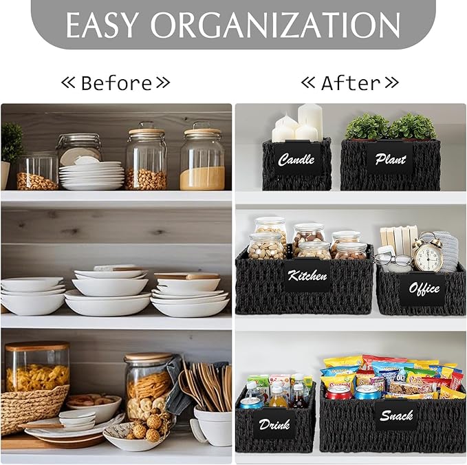 Marsui 6 Pcs Wicker Storage Baskets with Labels Handwoven Paper Rope Multi-size Black Wicker Storage Bins for Organizing Small Baskets Container for Shelves Closet Pantry Toilet