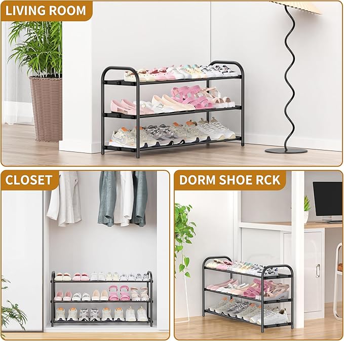 3-Tier Expandable Shoe Rack for Entryway,Adjustable Metal Shoe Organizer for Closet,Living Room,Dorm,Black