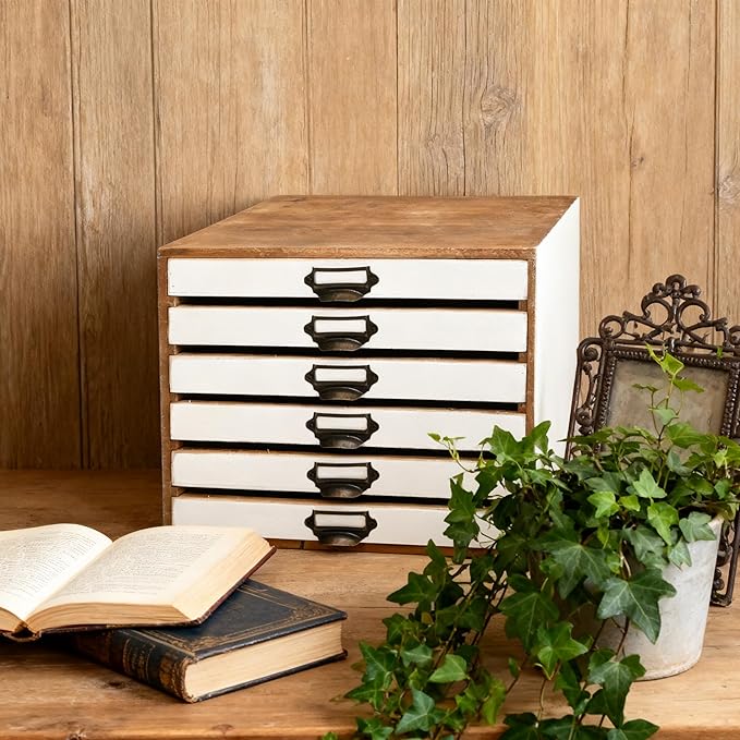 Vintage Wooden Storage Box Desktop Organizer Cabinet with 6 Drawers Rustic Farmhouse Distressed Decor Jewelry Cosmetics Craft Paper Small Tool Library Card Catalog Cabinet for Home Office Desk White