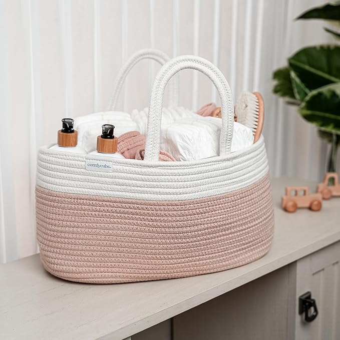 Comfy Cubs Rope Diaper Caddy Organizer 8.5" x 15" x 8" - Large Baby Diaper Basket with 3 Spacious Compartments - Stylish Cotton Baby Caddy Organizer for Diapers, Wipes & Essentials - Blush
