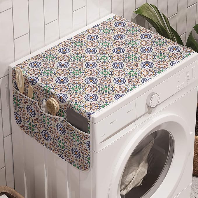 Ambesonne Geometric Washing Machine Organizer, Portuguese Tiles Floral Themed European Culture Elements Colorful Plant Design, Anti-Slip Fabric Cover for Washers and Dryers, 47" x 18.5", Blue Green