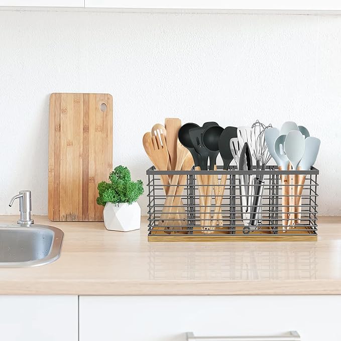 Suli Extra Large Kitchen Utensil Holder with 4 Compartments,Grey Metal holder with Wooden Base for Countertop,Farmhouse Utensil Organizer for counter, Rustic Cooking Storage Caddy for Corner