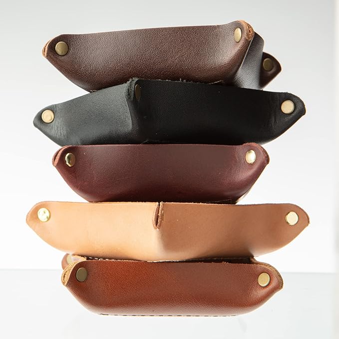 USA Handmade Premium Leather Valet Tray, Folds Flat! Dice Rolling Basket and Organizer with Brass Rivets (Chestnut, Mini)