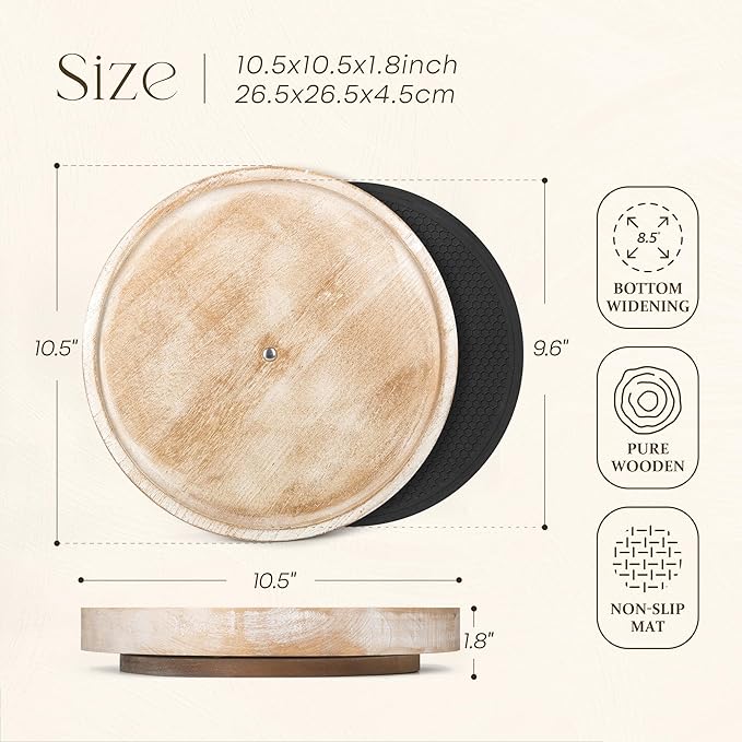 10.5" Non-Skid Wood Lazy Susan Turntable for Table Top â Chic Lazy Susan Turntable for Cabinet, Coffee Table, Pantry & Kitchen Counter Tray - Ideal for Organization and Storage (Natural Wood)