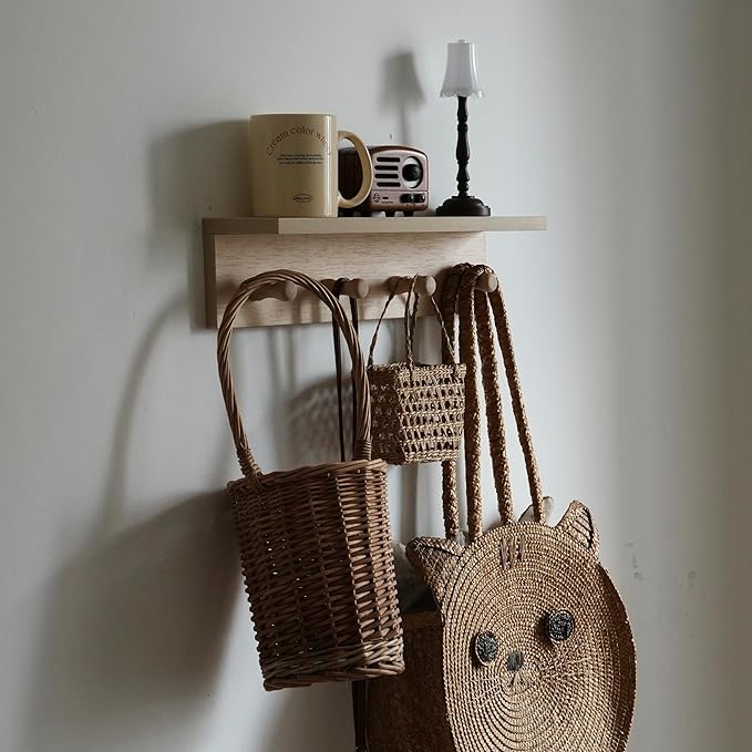 Wall Mounted Coat Rack with Shelf, 15.7" Floating Shelf with 8 Hooks, Heavy Duty Entryway Organizer for Hanging Coats, Bags, Hats, Towels - Ideal for Entryway, (2Pack-Birch Colored Finish)