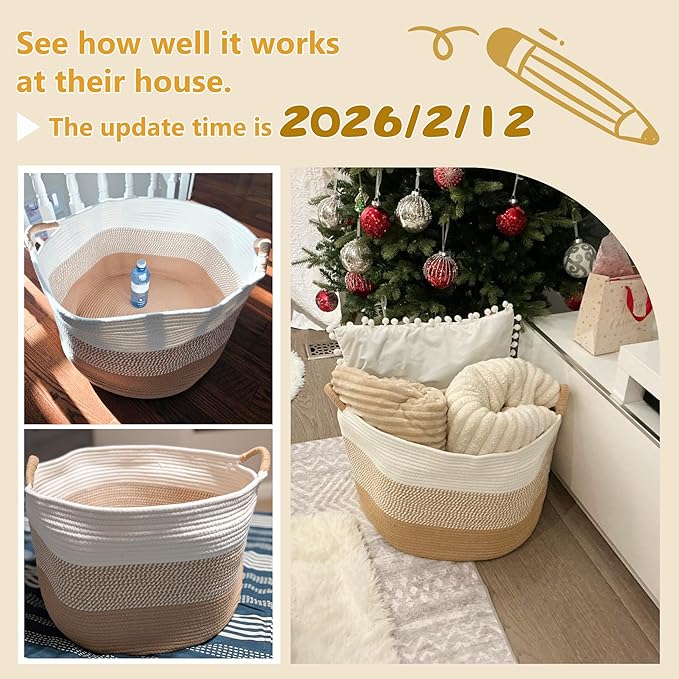 70L Large Cotton Rope Basket, Decorative Woven Blanket Storage for Living Room, Boho Toy Storage & Toy Box for Kids, Versatile Laundry Basket & Nursery Hamper for Blankets(BrownYellow)