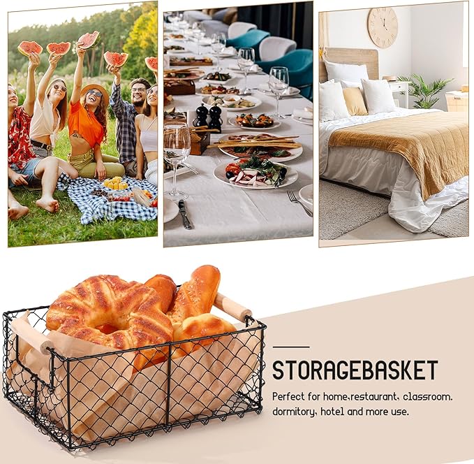 Honeydak 3 Set Wire Basket for Organizing with Wooden Handle Vintage Style Rectangle Mesh Metal Basket Food Storage Organizer for Home Kitchen Pantry Bathroom Picnic Cabinets(Black)