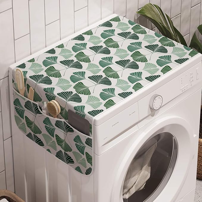 Ambesonne Gingko Washing Machine Organizer, Mother Nature Ginkgo Biloba Tree Leaves Homeopathic Therapy Foliage Pattern, Anti-slip Fabric Top Cover for Washer Dryer, 47" x 18.5", White Green