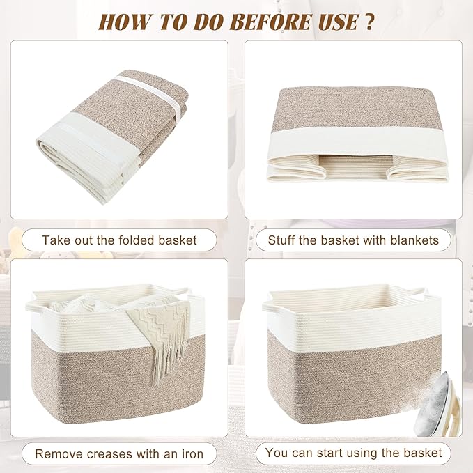 Large Blanket Basket, 60L Storage Baskets for Organizing, Woven Laundry Basket for Blankets, Cotton rope Blanket Storage for Living Room, Nursery Room, 19.7" L x 15.74" W x 11.8" H, Brown