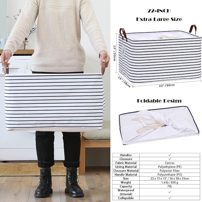 Hinwo 70L Extra Large Storage Bins, 2-Pack Closet Organizers and Storage, Foldable Clothes Storage Baskets with Handles, Containers for Clothing, Blanket, Comforters, Toys, Bedding (Gray)