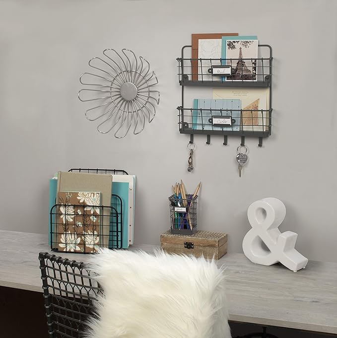 Spectrum Mail and Key Organizer for Wall, Vintage 2-Tier Mail Holder for Wall with 5 Key Hooks, Farmhouse Entryway Key and Mail Holder, Hanging Mail Organizer Rack for Letters Bills, Industrial Gray