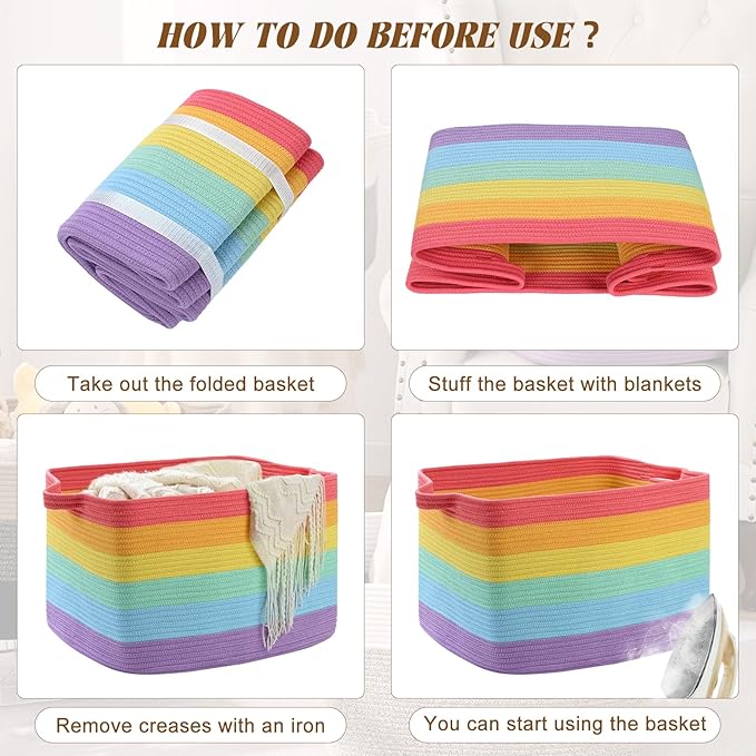 Large Blanket Basket, 60L Storage Baskets for Organizing, Woven Laundry Basket for Blankets, Cotton rope Blanket Storage for Living Room, Nursery Room, 19.7" L x 15.74" W x 11.8" H, Rainbow