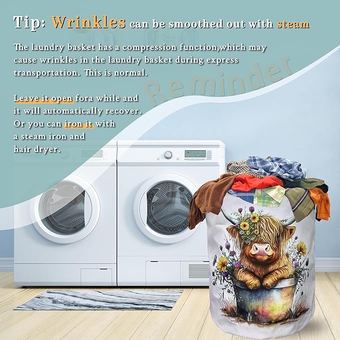Cute Highland Cow Laundry Basket Foldable With Handles Funny Tote Bag Oxford Cloth Laundry Hamper Clothes Storage Bucket Toy Organizer 18.9" x 16.5" For Bathroom/Laundry/Bedroom
