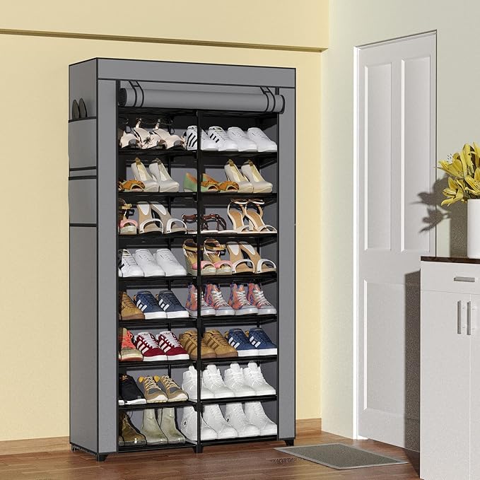 9-Tier Shoe Rack - 36-40 Pairs Organizer with Nonwoven Fabric Cover, Double Row for Closet (Black Rack with Gray Cover)