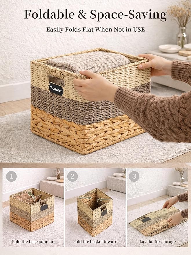 Storage Basket, 12x12x12 Inch Storage Cubes, Water Hyacinth Wicker Basket for Storage, Handmade Woven Baskets for Organizing, Set of 4 Wicker Storage Baskets for Shelves