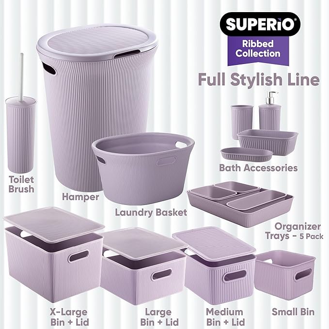 Superio Decorative Plastic Desk Drawer Organizer Tray, Lilac Purple (Set of 5) Open Home Storage Bins Organizer Baskets, for Organizing Closet Shelves Drawer Shelf - Ribbed Collection