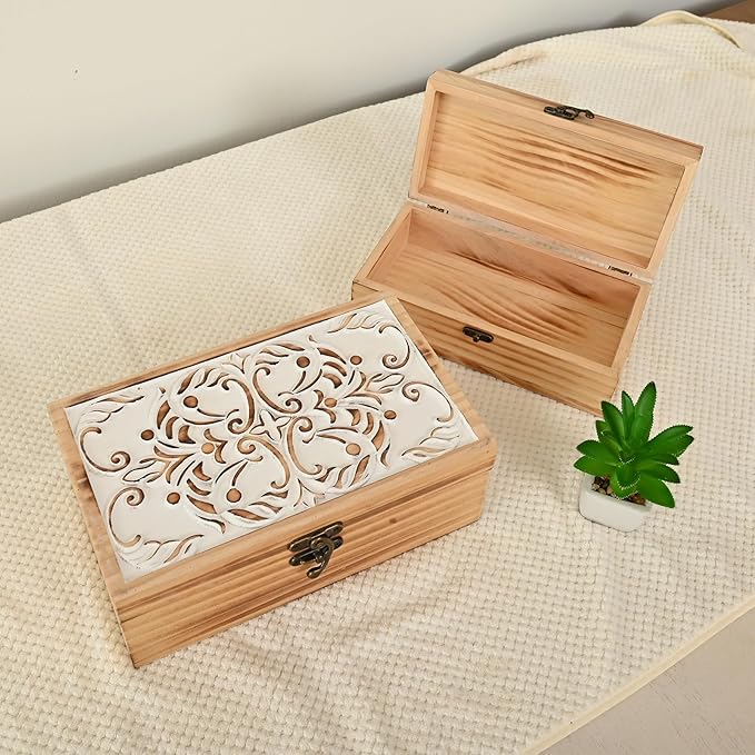 Wooden Storage Box Set of 2 - Hand Carved Floral Decorative Boxes with Hinged Lids - Solid Pine Keepsake Organizer for Jewelry, Photos, and Rustic Farmhouse Home Décor