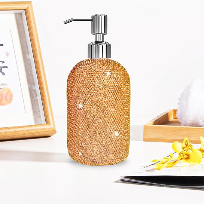 SlowVibes 18Oz Bling Gold Soap Dispenser with Rust Proof Stainless Steel Pump,Refillable Liquid Hand Wash Bottle for Bathroom Kitchen,Sparkle Decorative Shower Dispenser,Rhinestone Lotion Dispenser