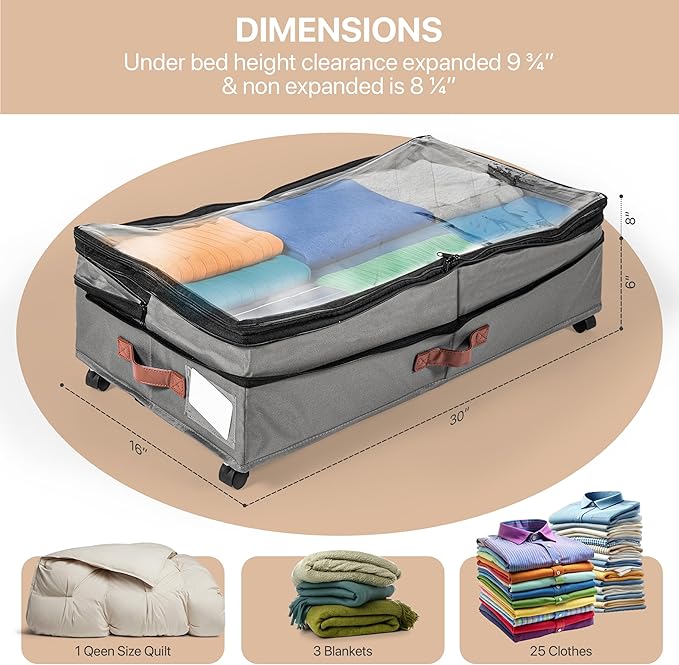 Expandable Under Bed Storage with Wheels 2 Pack â Large Under Bed and Closet Storage - Expandable Storage Bins with Lid & Dividers, Low Profile Storage Solution for Clothes, Shoes Great for Dorm Rooms