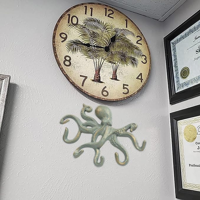 Octopus Iron Wall Hooks for Hanging, Rustic Decorative Hooks/Key Holder/Coat Hooks/Towel Hooks with 6 arms - Gold Green