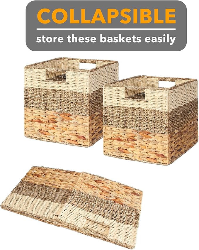 SpaceAid 4 Pack 3 Pattern Design Wicker Basket, Baskets for Organizing, Storage Rattan Basket with Handles for Shelves, Woven Cube Storage Bin Organizer, 13x13x13 inch, Natural