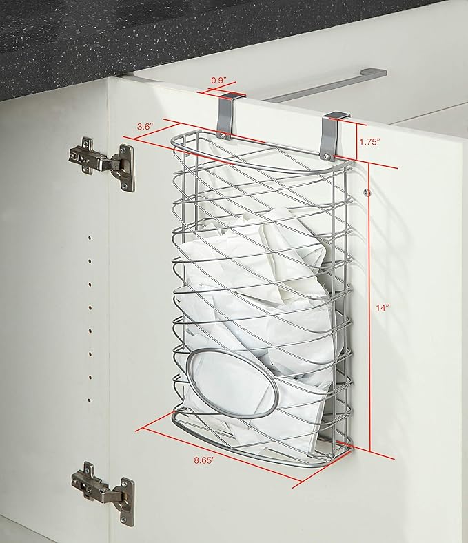 SunnyPoint Over Cabinet Kitchen Storage Organizer Holder or Basket - Hang Over Cabinet Doors in Kitchen/Pantry - Holds up to 50 Plastic Shopping Bags (SILVER)