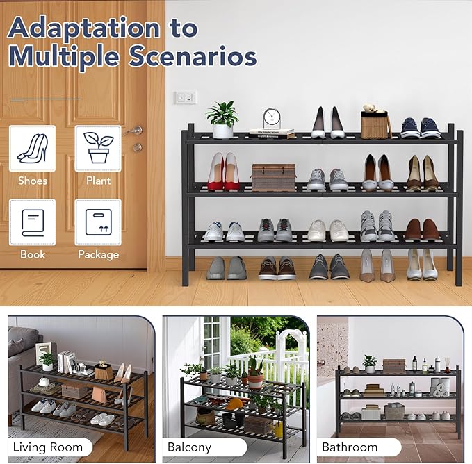 Haddockway Long 3 Tier Bamboo Shoe Rack Storage Organizer,Multifunctional Free Standing Stackable Shoe Shelf with Grid Panel for Closet,Hallway,Entryway,Small Space 34.2"x11"x20"