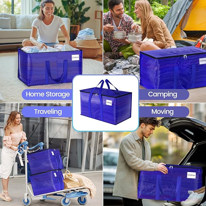 Moving Storage Bags, Moving Supplies Packing Boxes for Moving, Camping, College Dorm Room Essentials for Girls, Blue Tote Bags, Heavy-Duty Storage Bins With Lids And Zippers, 125L 8Pack