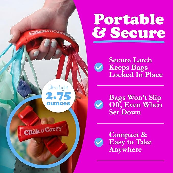 Click & Carry Grocery Bag Carrier Handle - Carry More in Fewer Trips, 100lb Capacity, Hands-Free, Gel-Padded Ergonomic Design, Shopping & Grocery Bag Holder - As Seen On Shark Tank, Red, 1 Pack