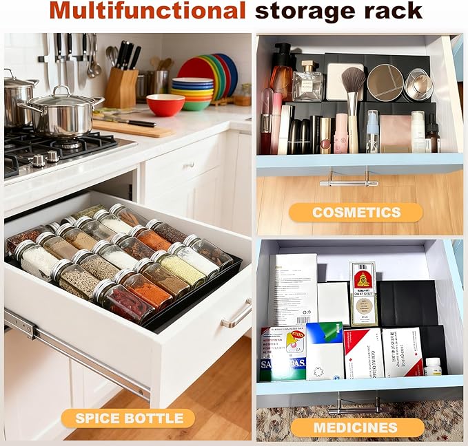 Spice Drawer Organizer, 8 Pack Drawer Seasoning Organizer, Expandable From 9'' to 18'' Kitchen Spice Rack Organizers and Storage for Drawer (Jars not included),Black