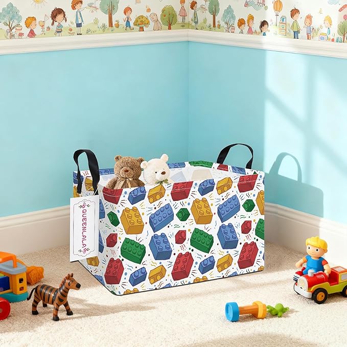 QUEENLALA Rectangular Laundry Hamper/Foldable Nursery Laundry Basket for Organizing/Storage Bin Baskets/Children Toy Office Bedroom/Toy Bin Closet Shelf Baskets (Rec-Blocks)