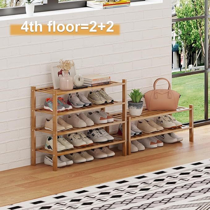 Bamboo Shoe Rack Organizer for Closet and Entryway - Space-Saving Narrow Shoe Stand - Versatile Shoe Holder for Door or Closet Shelf, Bedroom can Freely Stack DIY Small Shoe Racks 3 Tier Bamboo color