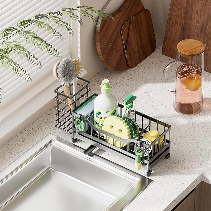 Sponge Holder for Kitchen Sink, Kitchen Sink Caddy with Long-Handled Dish Brushes Holder, 304 Rustproof Stainless Steel Countertop Organizers and Storage, Home Kitchen Sink Accessories (Black)