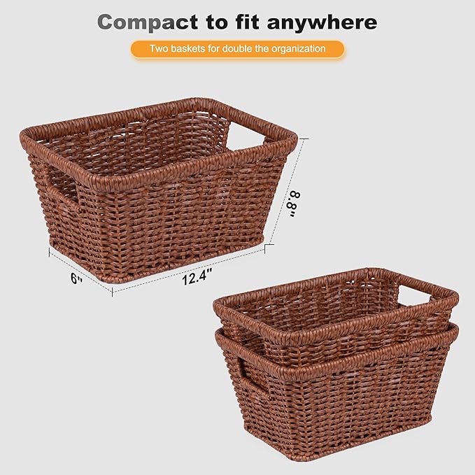 Wicker Basket for Shelves,Waterproof Woven Basket for Pantry,Storage Basket with Built-in Handles,Brown,2-Pack
