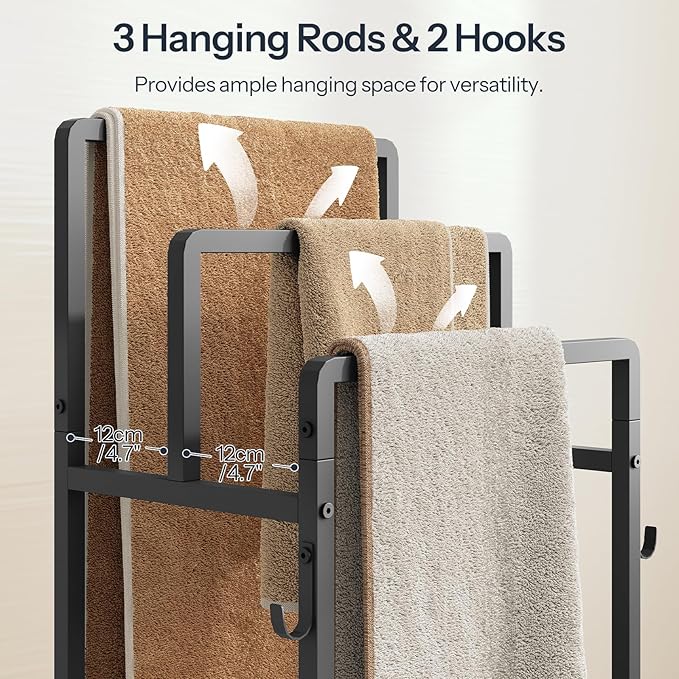 HOOBRO Free Standing Towel Rack, Blanket Rack with 3 Towel Bars, Storage Basket and Shelf, Towel Holder with Hook, Blanket Organizer, for Bathroom and Laundry, Black and Rustic Brown BF13LB01